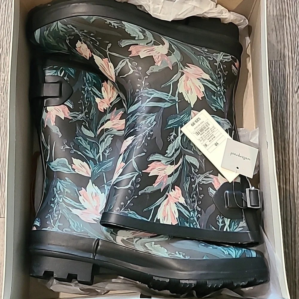 A New Day WATERPROOF Floral Vicki Mid Calf Rubber Rain Boots